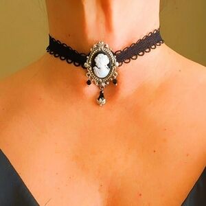 Black Lace Mesh Cameo Choker with Teardrop Drop